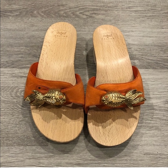 Celine Shoes - Céline Paris Suede Embellished Wood Slides Sz 37